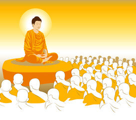 beautiful Vector of Lord of golden Buddha Enlightenment mediating sitting with crowd of monk for Makha, Visakha, Asarnha Bucha, Visak and buddhist lent day asian religion holiday, vintage retro style - obrazy, fototapety, plakaty