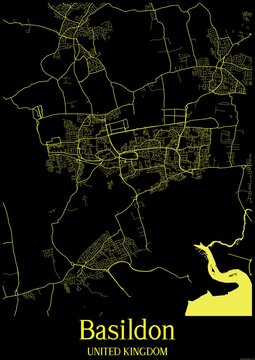 Black and Yellow map of Basildon United Kingdom.