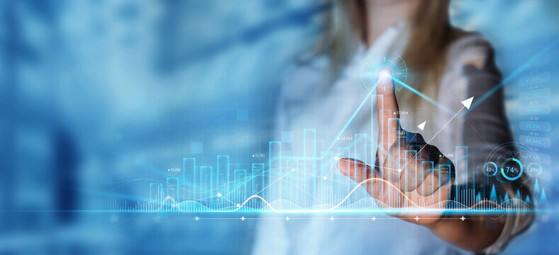 Business woman drawings growth graph of business. Business strategy development and growing growth plan. Economic growth graph financial data. Stock market investment. 