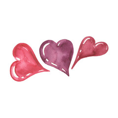 Hearts Shiny glossy candy red. Watercolor Set Symbols. Valentines day, wedding, romantic, party design, congratulation, love message, invitation card. Hand-draw clipart illustration isolated on white