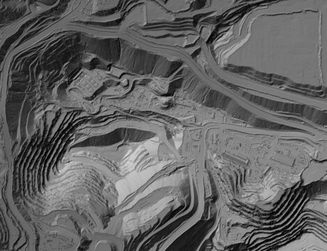 Digital elevation model. GIS product made after proccesing aerial pictures. It shows excavation site with steep rock walls that was mapped from a drone