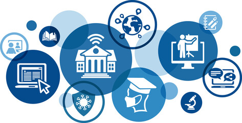 university / college education during corona virus pandemic vector illustration. Concept with icons related to covid online learning, remote classes, e-learning, protecting students.