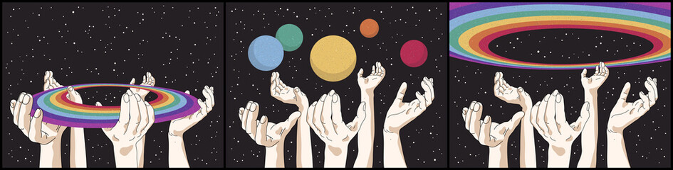 Raised human hands. Rainbow and planets in space. Retro sci-fi poster