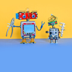 Robotics engineer maintenance service. Mechanic repair handyman robotics characters with calipers...