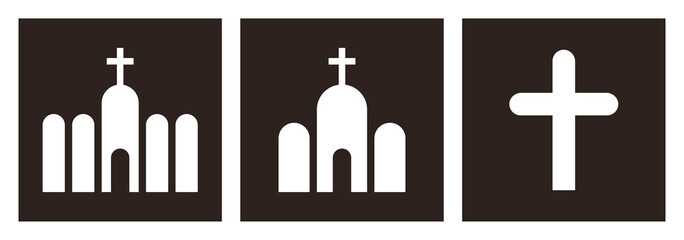 Monastery, church and Christian cross icon set
