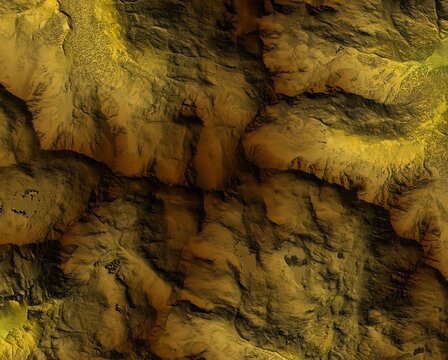 Digital elevation model. GIS product made after proccesing aerial pictures taken from a drone. It shows high rocky and steep mountain peaks. At their feet are visible valleys and mountain lakes