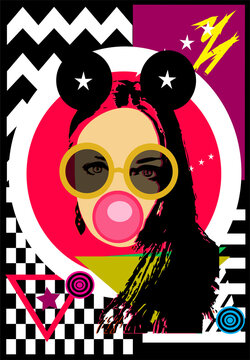 Sexy Girl With Mouse Ears And Chewing Gum, Pink Pop Art Background