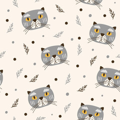 Seamless Pattern with cat faces. Vector illustration.
