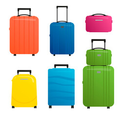 Set of different travel suitcases in flat style isolated on white. Colorful travel bags set.