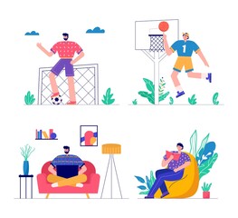 Modern men playing football, basketball, read book, freelancer, gaming. Set of people enjoying their hobbies, work, leisure. Vector illustration in flat cartoon style.