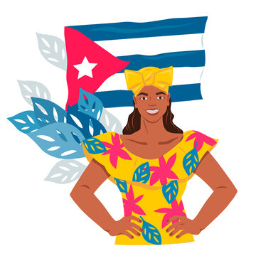 Cuban young woman in traditional dress at backdrop of Cuba national flag. Cuban ethnic female character in colorful costume, flat cartoon vector illustration isolated on white background.