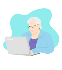 Fototapeta na wymiar Senior woman is using a laptop, communicating on Internet, online shopping. Flat vector illustration isolated on white. Technology, social network concept