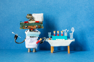Medic robot holds a test tube with a patient s blood sample, stick for scraping and Polymerase...