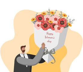 a man gives flowers on the 8th of March women's day