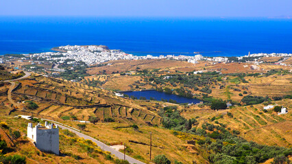 Aerial view, from Mount Exombourgo, of Tinos, main town of the Cyclades island of the same name, in...