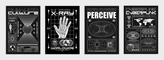 Collection of modern black and white posters. In techno style, stylish print for streetwear, print for t-shirts and sweatshirts. Isolated on black background - obrazy, fototapety, plakaty