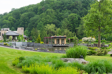 Fototapeta na wymiar Landscape design. Trees, bushes, green lawns. Beautiful park near the green forest