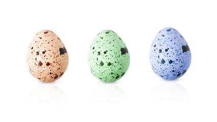 Three colorful Easter quail eggs isolated on white background 