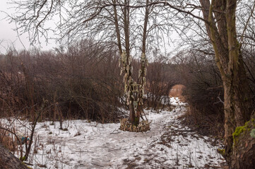 Old abandoned haunted magic totem on the lake in the middle of the forest