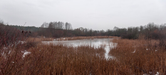 Old abandoned haunted magic totem on the lake in the middle of the forest