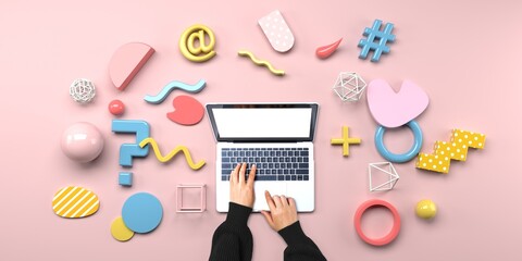 Geometric shapes with person using a laptop computer from above