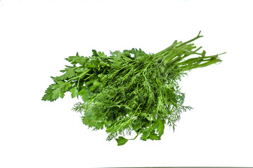 Fresh bunch of parsley and dill on white background