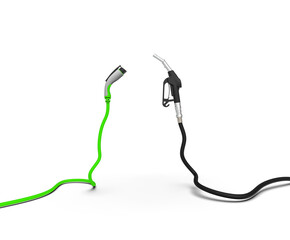 3D rendering gas nozzle vs electric vehicle charging plug isolate on white background. Alternative future with renewable energy
