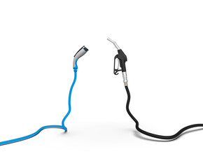  gas nozzle vs electric vehicle charging plug isolate on white background. Alternative future with...