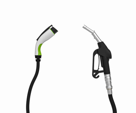  gas nozzle vs electric vehicle charging plug isolate on white background. Alternative future with renewable energy