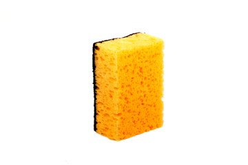 Yellow kitchen sponge isolated against on white background in different poses. Sponge isolated on white background. Scrub yellow sponge design, close up Cleaning sponge.