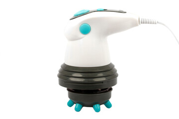 White electronic massager with a rotating brush for body massage isolated on white background.