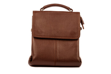 Men's vintage bag in brown color in a retro style with an unfastened strap isolated on a white background.