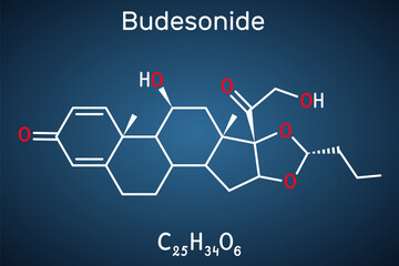 Budesonide,BUD molecule. It is corticosteroid used to treat Crohn's disease, asthma, COPD, hay fever, allergies, ulcerative colitis. Structural chemical formula on the dark blue background