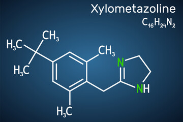 Xylometazoline, xylomethazoline molecule. It is used for the treatment of nasal congestion. Structural chemical formula on the dark blue background