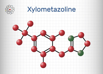 Xylometazoline, xylomethazoline molecule. It is used for the treatment of nasal congestion. Structural chemical formula and molecule model. Sheet of paper in a cage