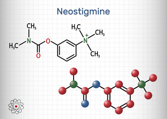 Neostigmine molecule. It ischolinesterase inhibitor for symptomatic treatment of myasthenia gravis by improving muscle tone. Structural chemical formula, molecule model. Sheet of paper in a cage