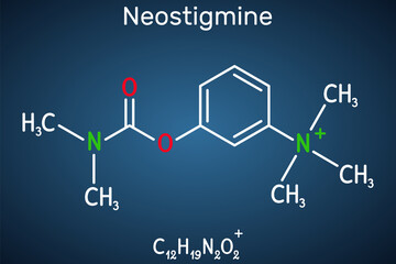 Neostigmine molecule. It ischolinesterase inhibitor for symptomatic treatment of myasthenia gravis by improving muscle tone. Structural chemical formula on the dark blue background