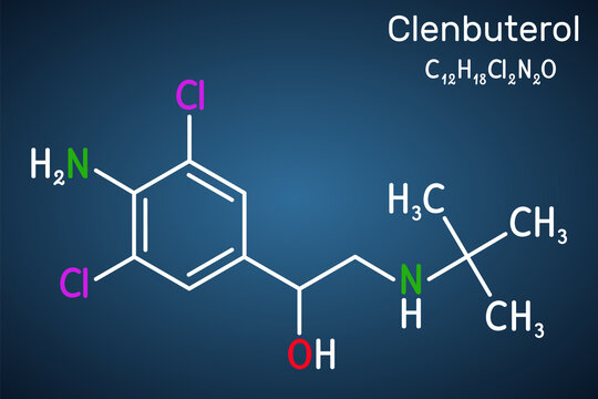 Clenbuterol molecule. It is sympathomimetic amine, decongestant, bronchodilator, used in respiratory conditions, in asthma. Structural chemical formula, the dark blue background