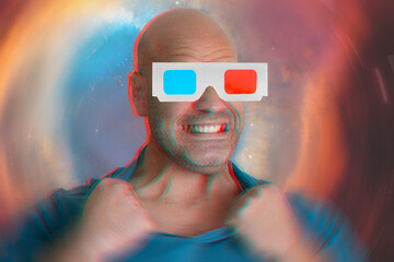 Three-dimensional sensations with anaglyph 3d glasses. Artistic collage, abstract art.