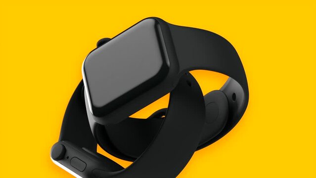 Animation with bright yellow background and the slow movement of black smart watch. Motion. Presentation of a new electronic device, modern technologies.