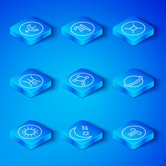 Set line Sun, Great Bear constellation, Moon and stars, Planet Saturn, Gemini zodiac, Symbol Uranus, Sagittarius and Windy weather icon. Vector © Vadim