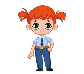 Cute cartoon girl dressed as a police officer. The concept of choosing a profession by a schoolboy. Vector illustration of a character in a childish style. Isolated funny clipart. policeman.