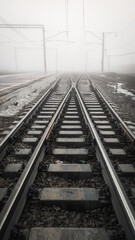 Fototapeta premium Railroad Track Switches disappearing in mist and bushes in foggy morning - monochrome image