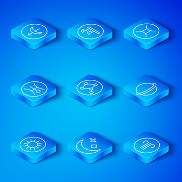 Set line Sun, Great Bear constellation, Moon and stars, Planet Saturn, Gemini zodiac, Symbol Uranus, Sagittarius and Windy weather icon. Vector
