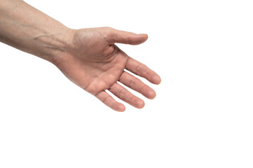 Female hand 46 years old with an open palm spread fingers close-up mockup isolate on a white background