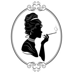 Silhouette of a woman with a mouthpiece. Vector illustration in vintage style.
