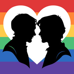 Silhouettes of two men in love on the background of a heart and a rainbow. Vector illustration.