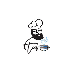 Chief cook with a cap of tea symbol or logo. Restaurant, bakery food concept, hand drawn elements. Vector.