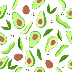 Avocado seamless pattern whole and sliced on white background. Fruits vector illustration