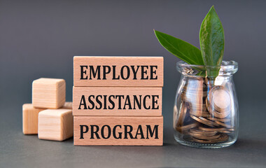 EMPLOYEE ASSISTANCE PROGRAM - words on wooden blocks with a jar of coins on a gray background